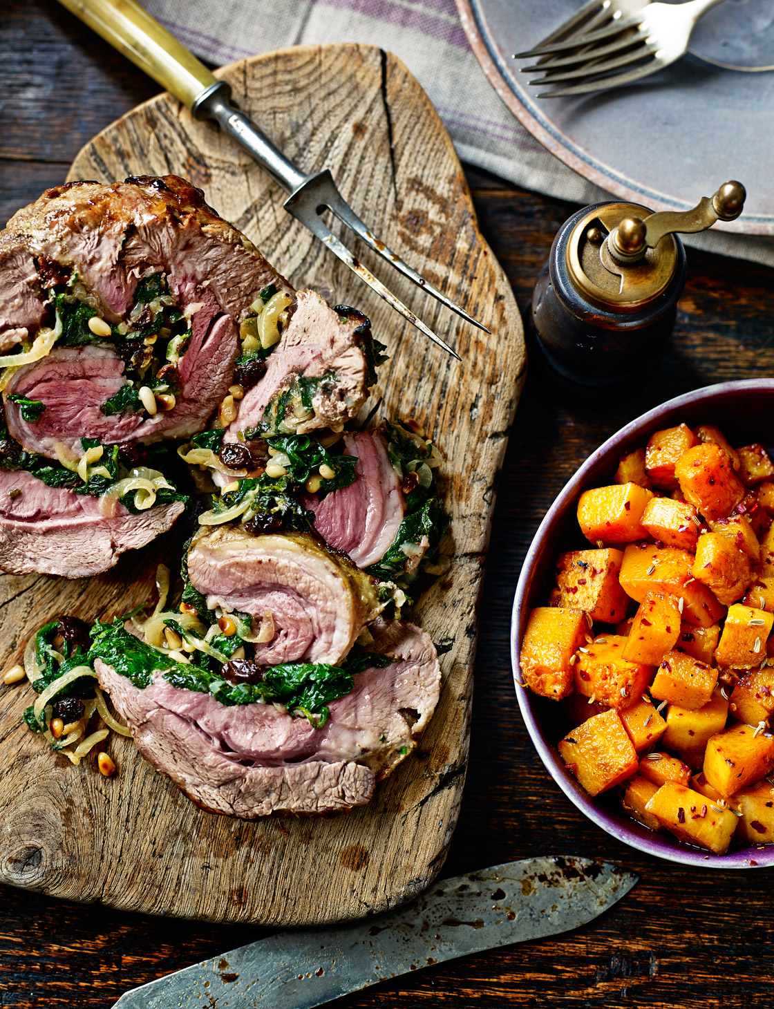 Roast shoulder of lamb with spinach stuffing Sainsbury`s Magazine